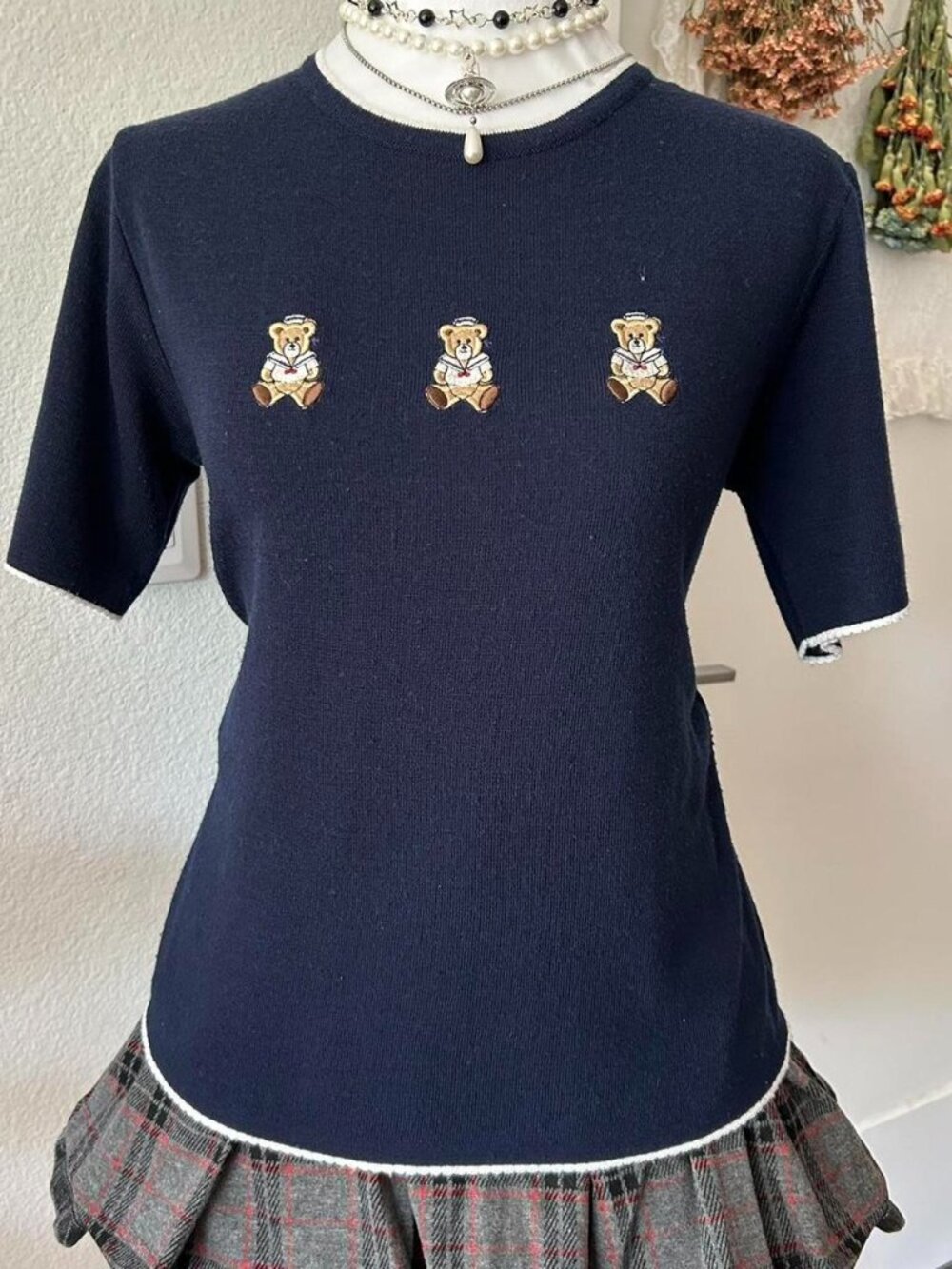 Vintage Donna Toran Navy Blue Short Sleeve Knit Top